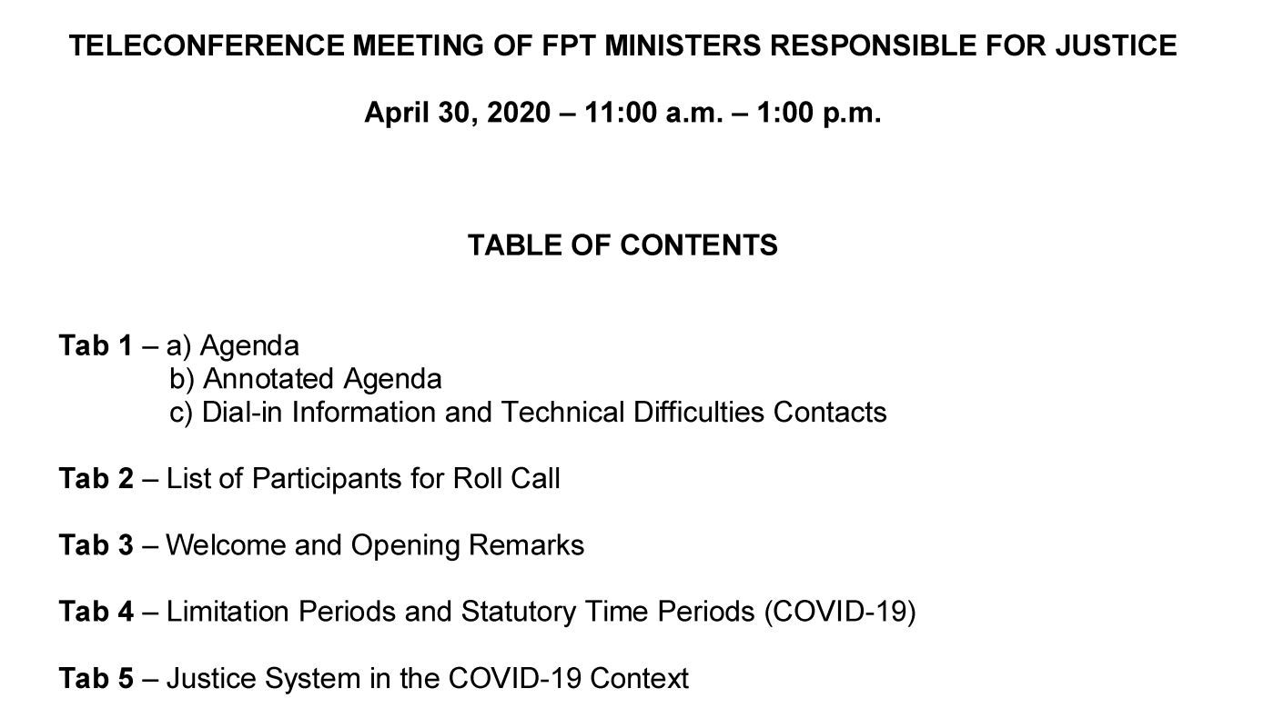 Agenda and Talking Points for Meeting of F/P/T Ministers Responsible for Justice