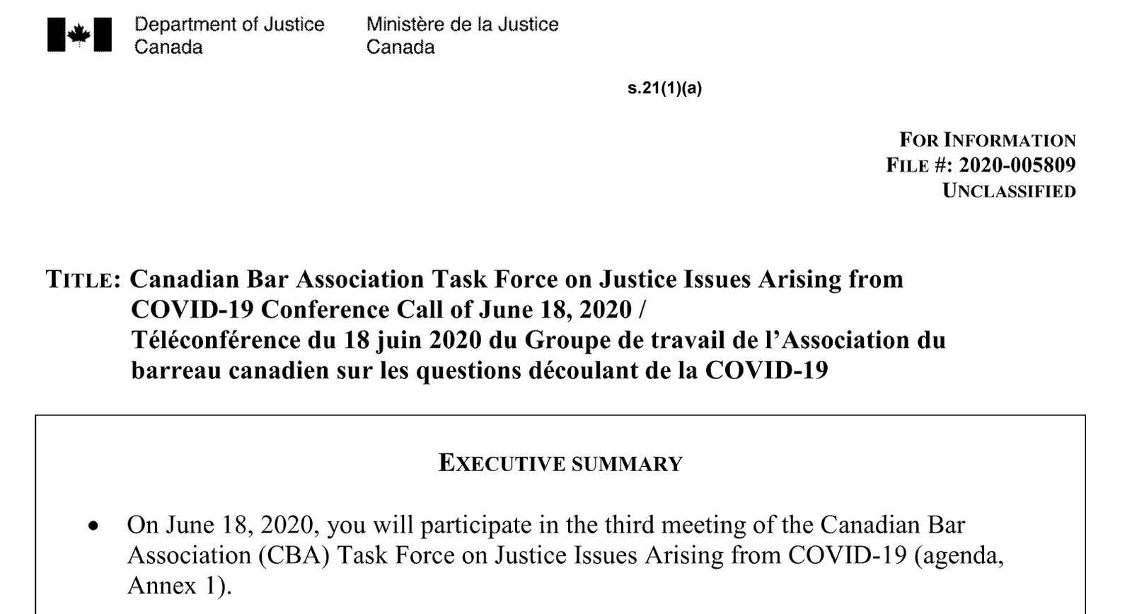 Briefing Notes and Agenda for June 18, 2020 CBA COVID-19 Task Force Meeting