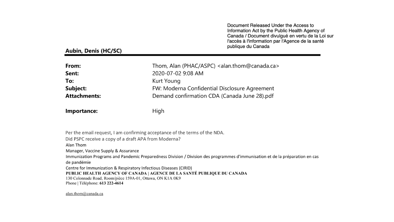 NDAs Between Government of Canada and COVID-19 Vaccine Developers