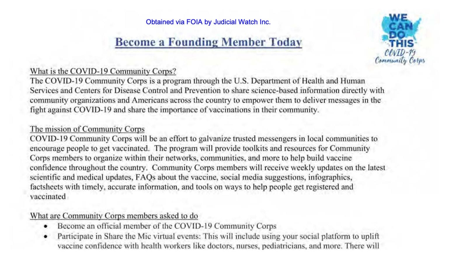 Records re: COVID-19 Community Corps Vaccine Propaganda Program